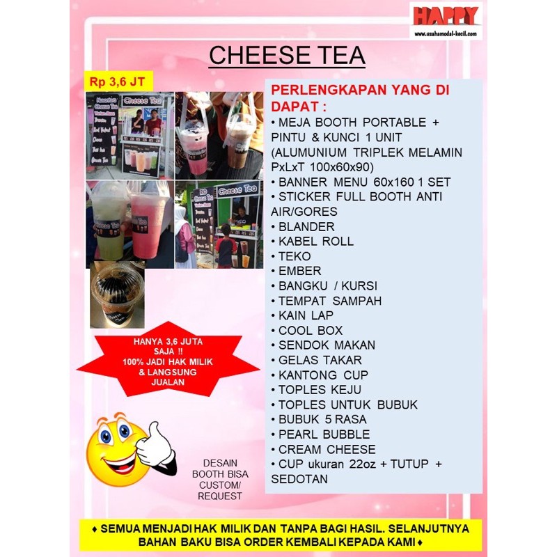 

PAKET USAHA FRANCHISE MINUMAN CHEESE TEA TEH KEJU MANIS ASIN GURIH GEROBAK BOOTH PORTABLE KEMITRAAN