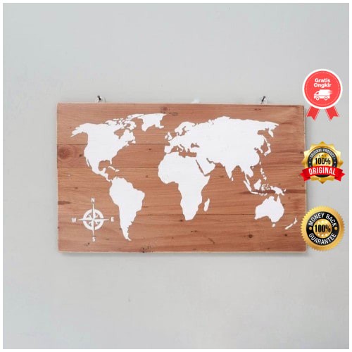 Dekorasi Dinding Gambar Peta Dunia Bahan Kayu Jati Belanda -  Putih