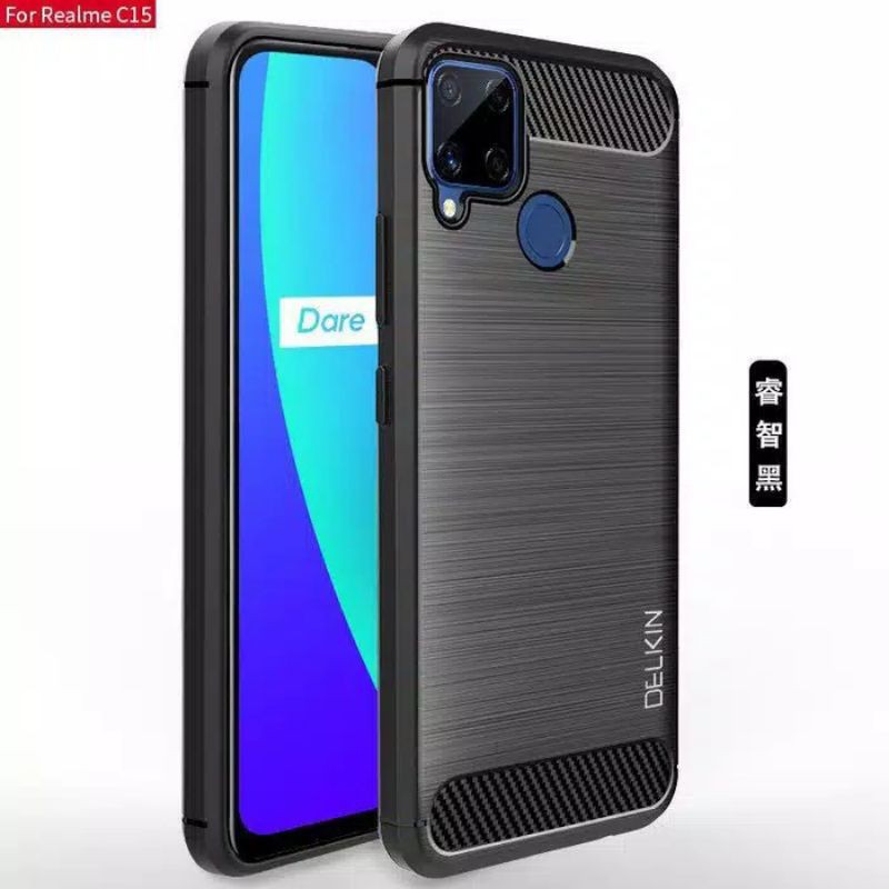 Softcase Case Slim Carbon Fiber Hitam Realme C15 - Casing Karbon Tpu Realmi C15 Back Cover Premium