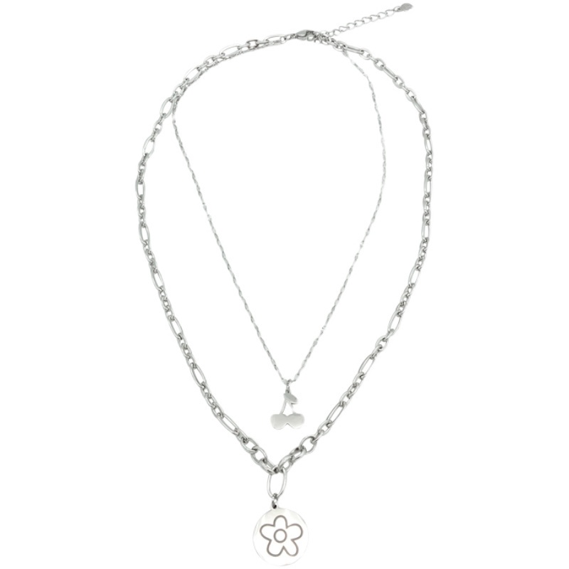 Double Necklace Accessories Hip Hop Light Luxury Cherry Flower Pendant Personality Clavicle Chain