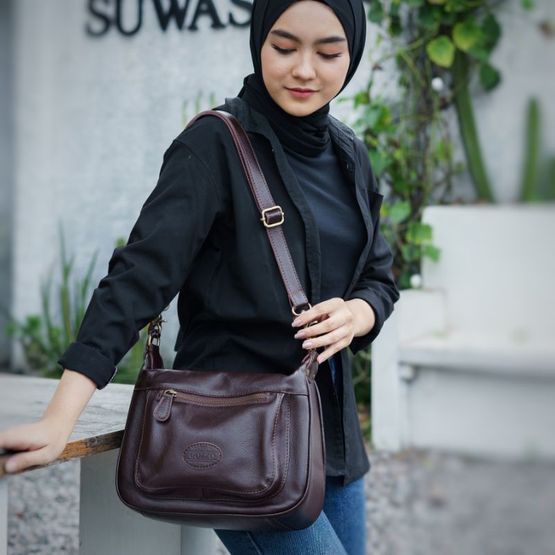TAS WANITA SELEMPANG KULIT SAPI ASLI GRACE / KULIT SAPI NATURAL MILL / GRATIS GRAVIR NAMA