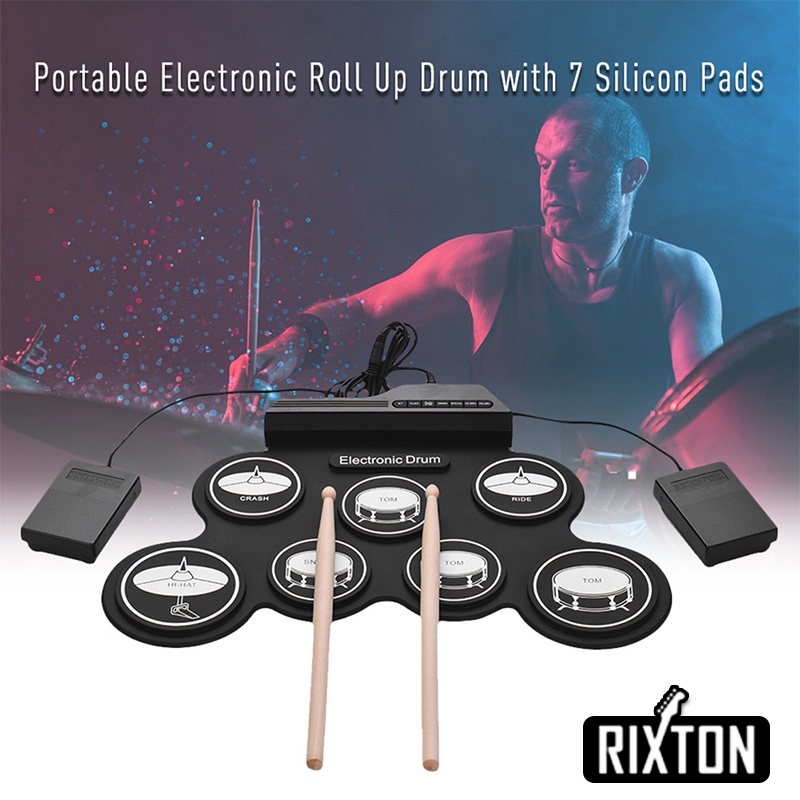 Rixton Drum Elektronik Portabel Digital USB 7 Bantalan Roll up Drum Set Silicone Electric Drum Pad Kit