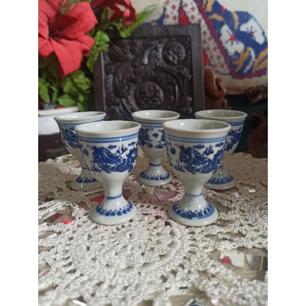 Gelas Antik Naga China blue white tinggi 6cm Harga Satuan