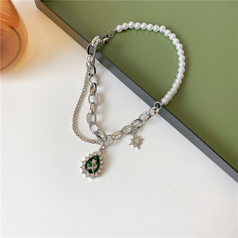 Green Rhinestone Stitching Pearl Necklace Accessories Trendy Personality Clavicle Chain