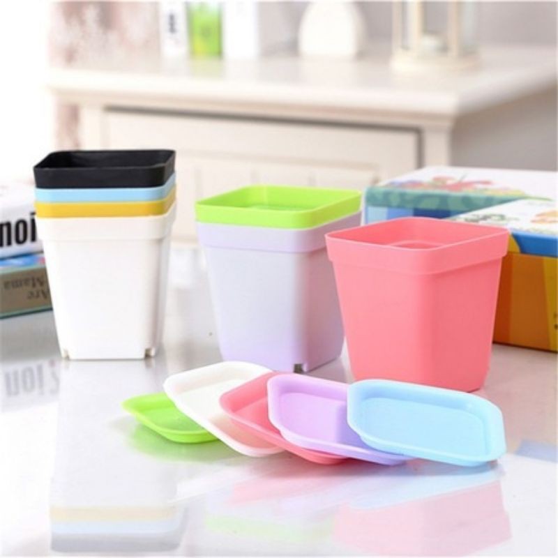 Pot Plastik Mini Tumbuhan, Bunga, Kaktus / Cactus Kotak 7cm Rainbow Pastel Series Persegi