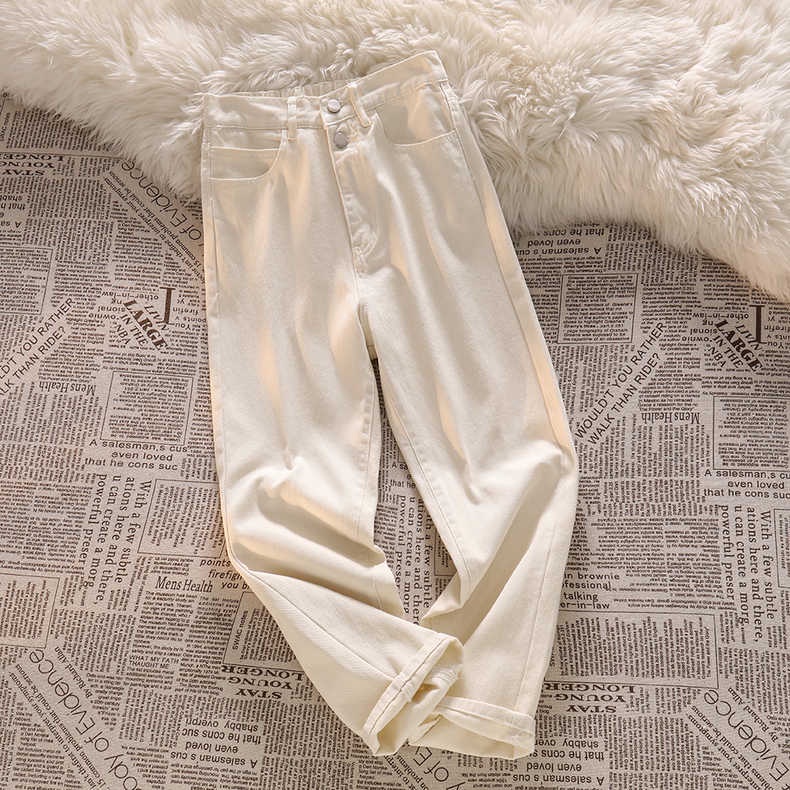 Warna Krem / Biru muda Korean Highwaist Loose Kasual Jeans Wanita