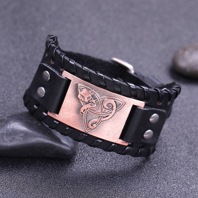 [Z H Perhiasan] Hip Hop Rock Retro Pria Fashion Stainless Steel Viking Fox Rune Gelang Kulit Pesta Perhiasan Aksesoris