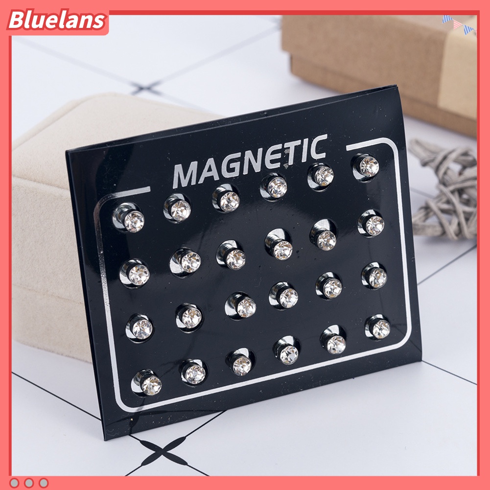 12 Pasang / Set Anting Stud Magnetik Berlian Imitasi Untuk Unisex