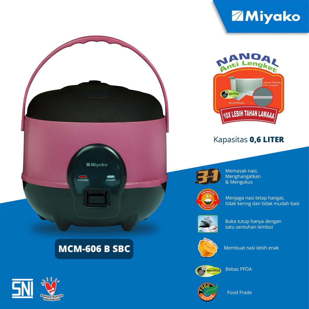 MIYAKO Rice Cooker 0.6 Liter Panci Anti Lengket 606 SBC / Magic Com - Garansi 1 Tahun