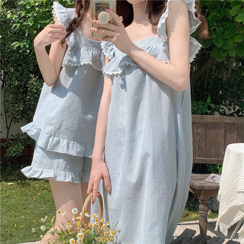 Charlene - piyama biru hijau renda tanpa lengan dress pajamas daster lace korea baju tidur celana pe