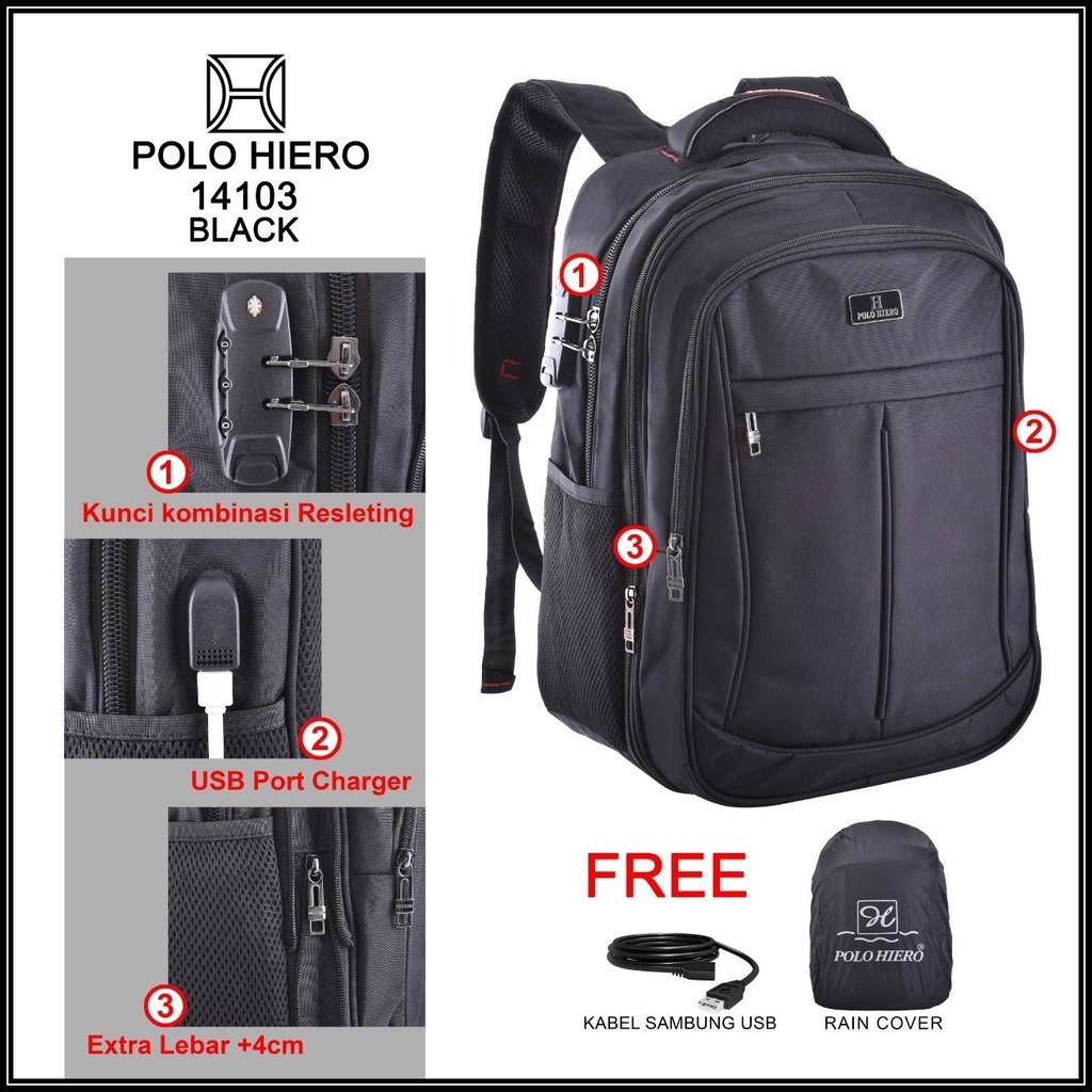 Ransel Backpack Sekolah Polo Hiero 14103 Tas Sekolah / Kuliah / Kerja, (Free Kabel USB + Rain Cover)