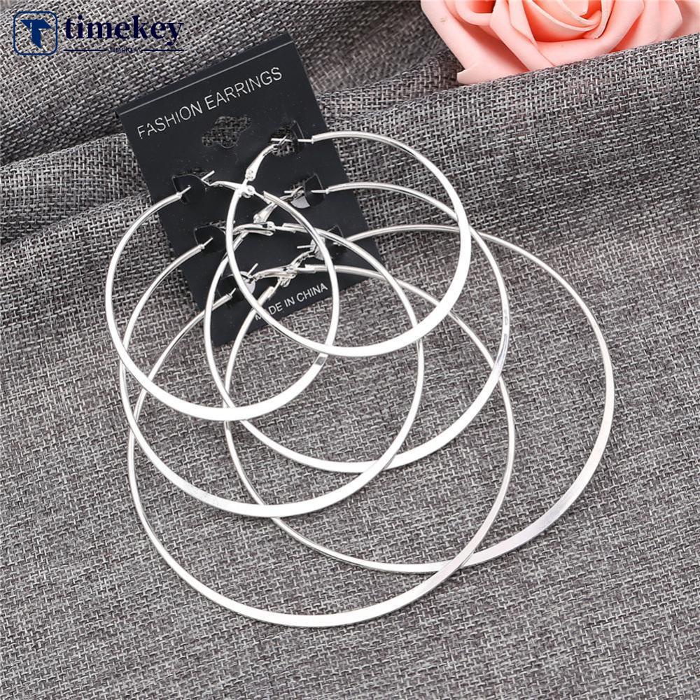 Timekey 3 Pasang / Set Anting Bulat Besar Warna Silver Untuk Wanita A3K1