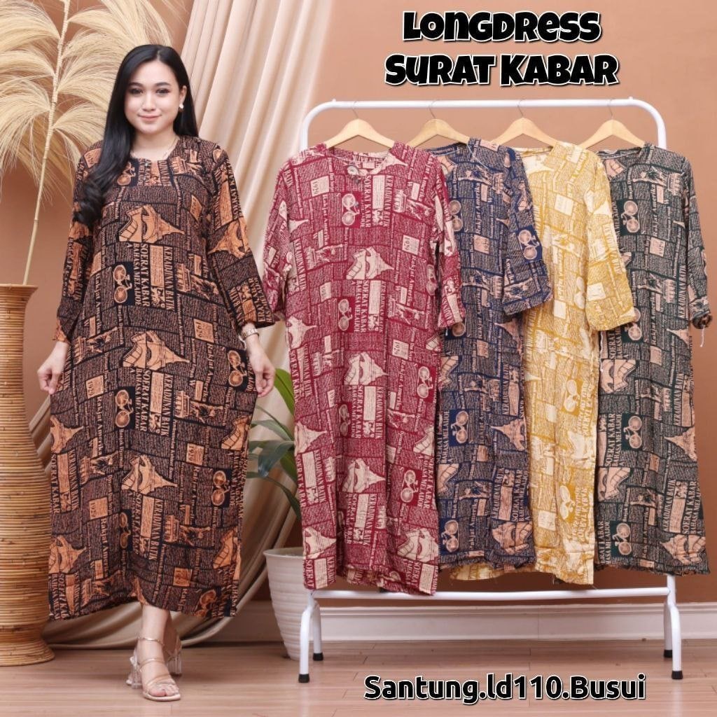 Longdress SURAT KABAR LD 100 - 110 I Daster Dress Batik Wanita Panjang Busui Kancing Depan Adem Kekinian Murah