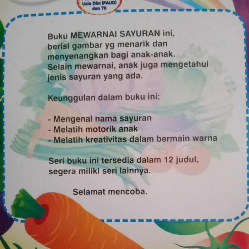 Buku mewarnai sayuran untuk anak TK/paud