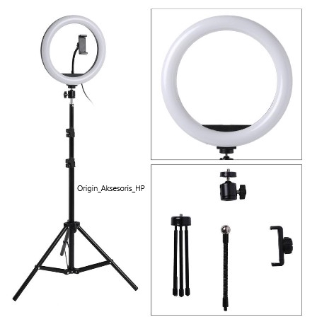 TRIPOD Handphone 2 meter + Ring Light Selfie (LED) 26 cm free holder handphone