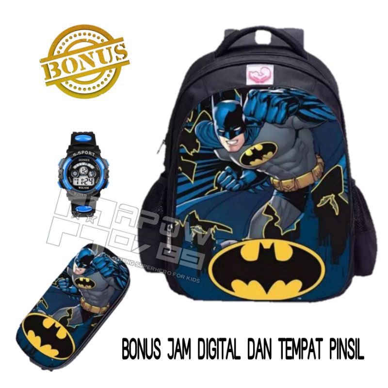 Tas ransel anak laki-laki karakter superhero gratis tempat pinsil jam tangan - tas anak