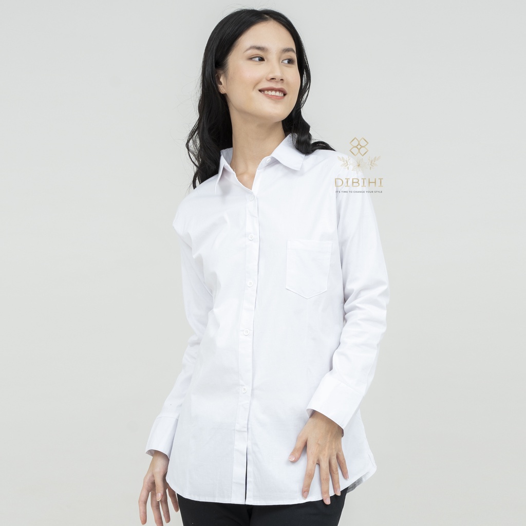 Dibihi Kemeja Putih Polos Kerja Formal Wanita Lengan Panjang Saku 1 Bahan Katun Stretch Melar
