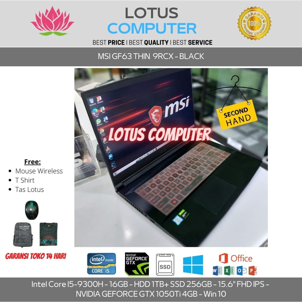 MSI GF 63-9RCX/I5-9300H/16GB/256GB/GTX1050Ti/15.6"FHD IPS/Win 10/Black