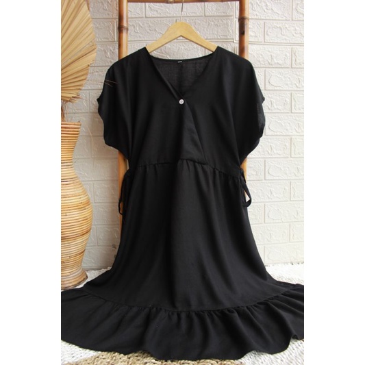 Daster Kimono Pendek || Daster Kimono Polos || Dres Kimono || Daster Rayon || Daster Rayon Busui || Daster Ruffle Busui-HITAM