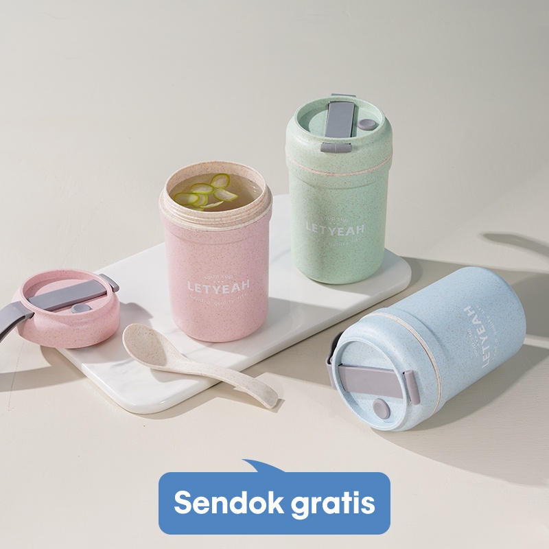 Letyeah &amp; Kaizenliving Cangkir sup tahan panas anti bocor tumpah portable dengan sendok / BPA free