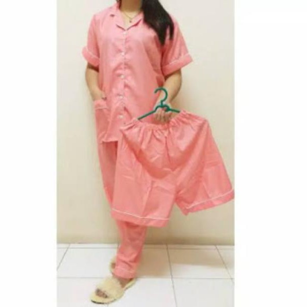 SEASOND IND Piyama/Baju Tidur 3in1 Wanita Dewasa Embos Warna/L Fit to XL ko-Embos Pink