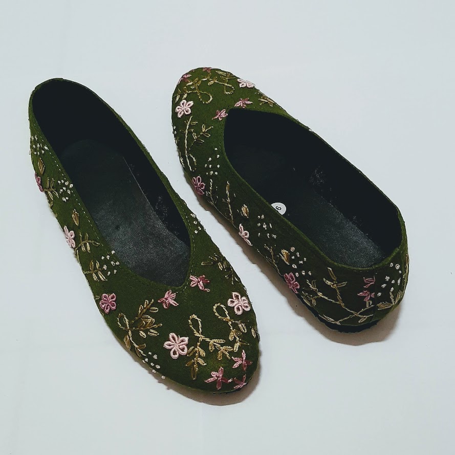 etnik fashion sepatu wanita flat slip on sulam hijau pupus