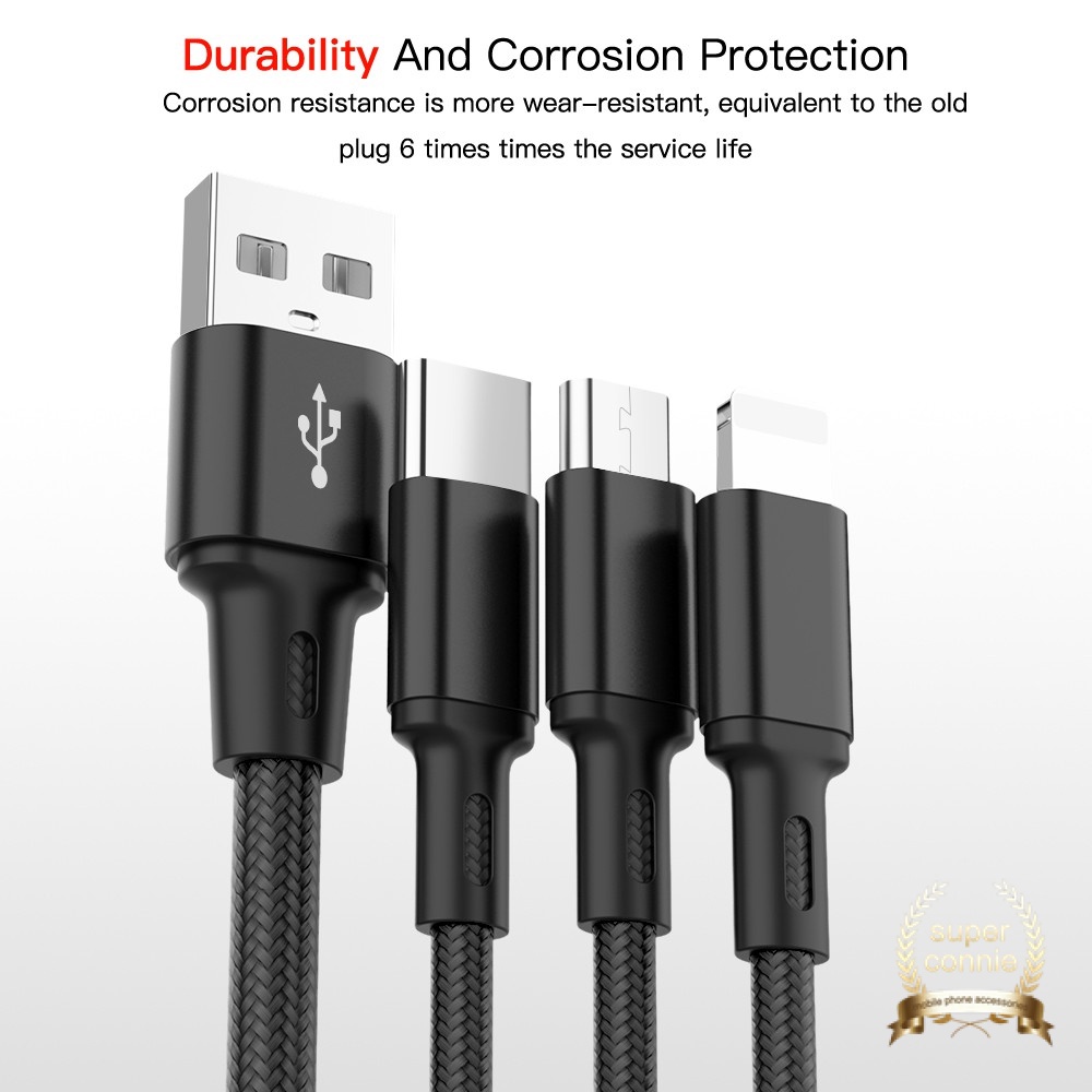 3 in 1 Charge Cable For iPhone Micro USB Type C Mobile Phone Fast Charging Cables