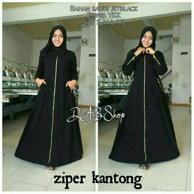 Busana Abaya Umbrella Zipper Saku Bahan Saudi Jetblack 