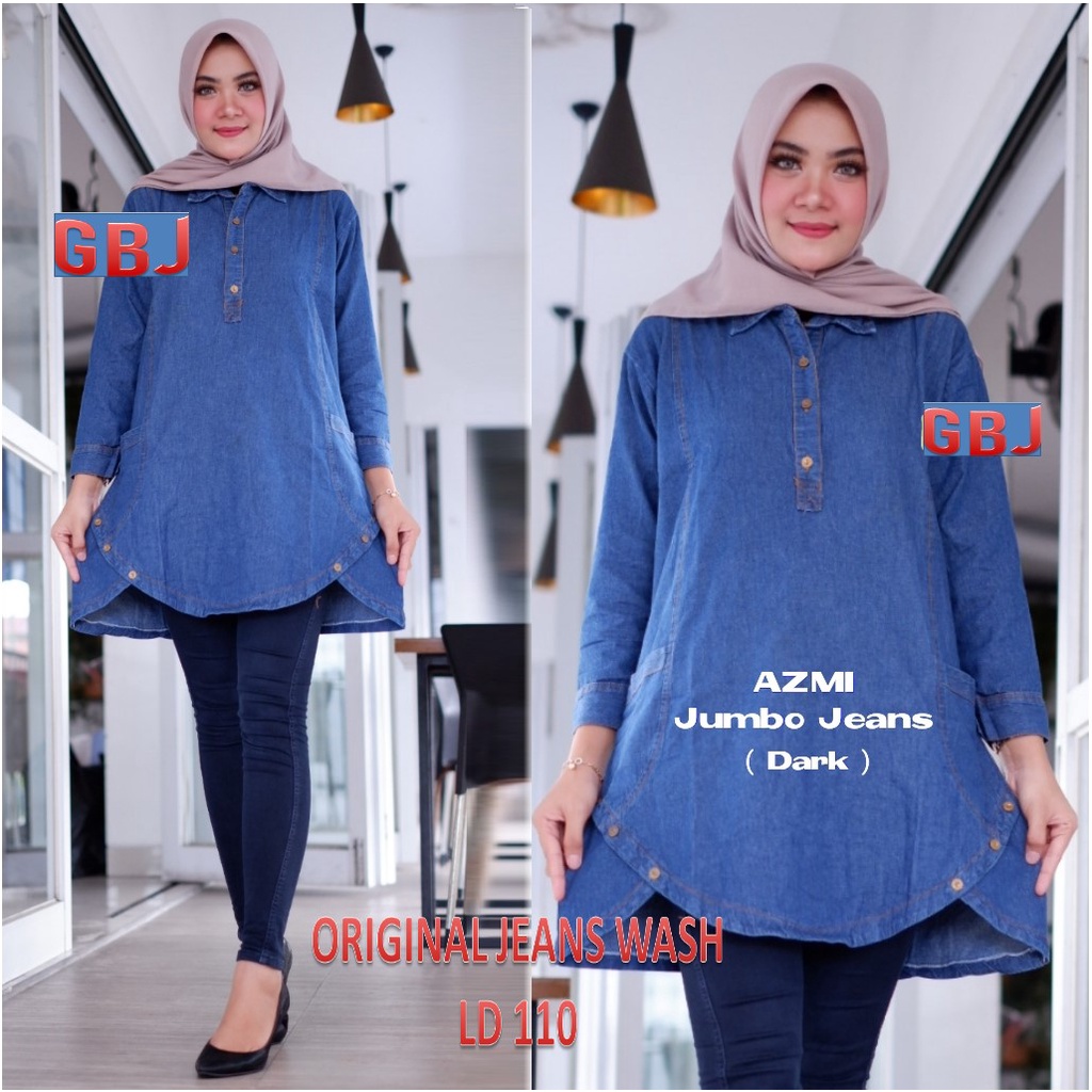 atasan muslim kisby tunik jeans wash dark navy HELBY kekinian murah