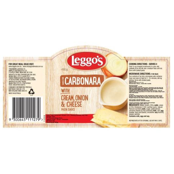 PASTA SAUCE CARBONARA CREAM, ONION &amp; CHEESE LEGGOS 490GR