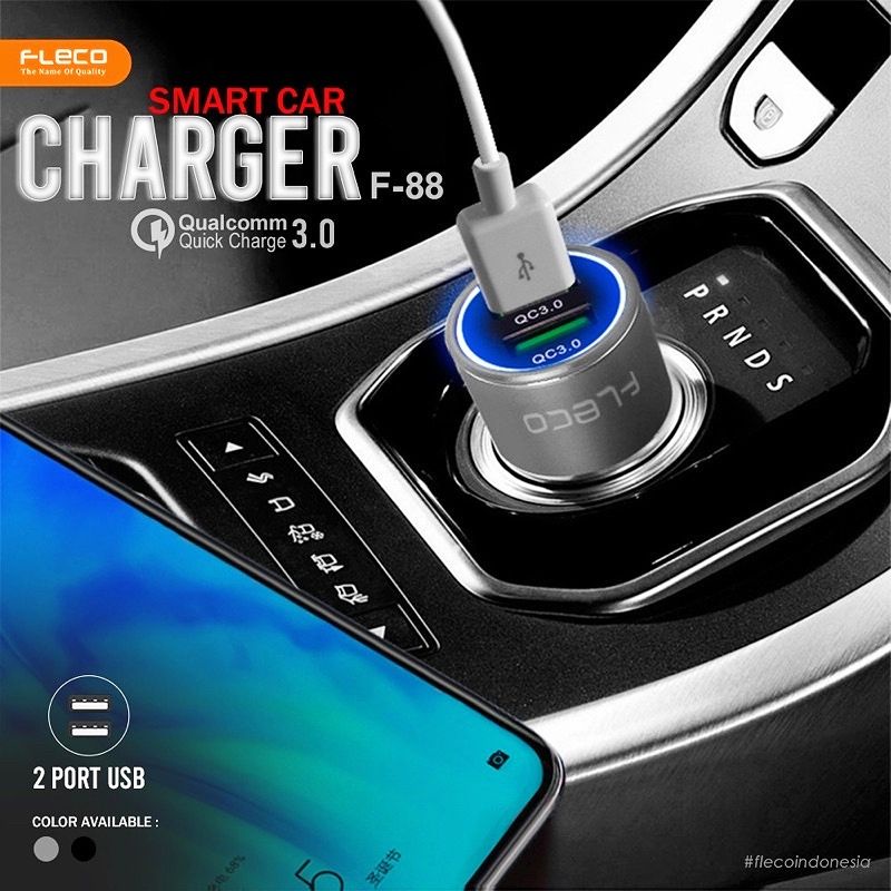 Adaptor Car Charger Mobil 36W Dual Usb Quick Charge 6A QC3.0 Original Fleco FL88