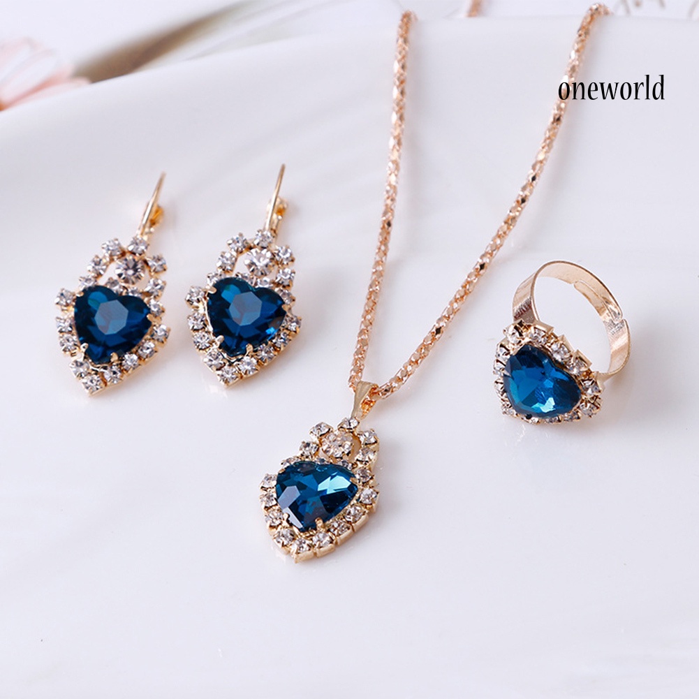 OW@ Women Heart Shape Rhinestone Pendant Necklace Lever Back Earrings Ring Jewelry