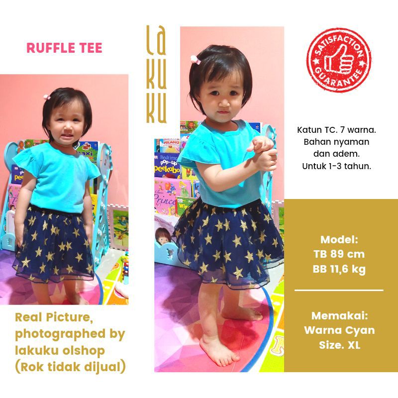 Atasan Kaos Ruffle Tee anak perempuan 1-3 tahun Lengan Kupu-kupu Pakaian Baju Anak Warna Polos