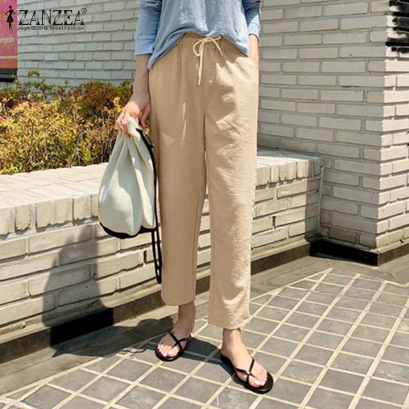 ZANZEA Women Casual Elastic Waist Drawstring Solid Color Loose Long Pants