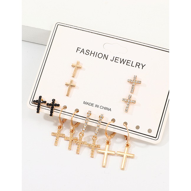 LRC Anting Set Fashion Golden Alloy Cross Earrings 6 Pairs D91972