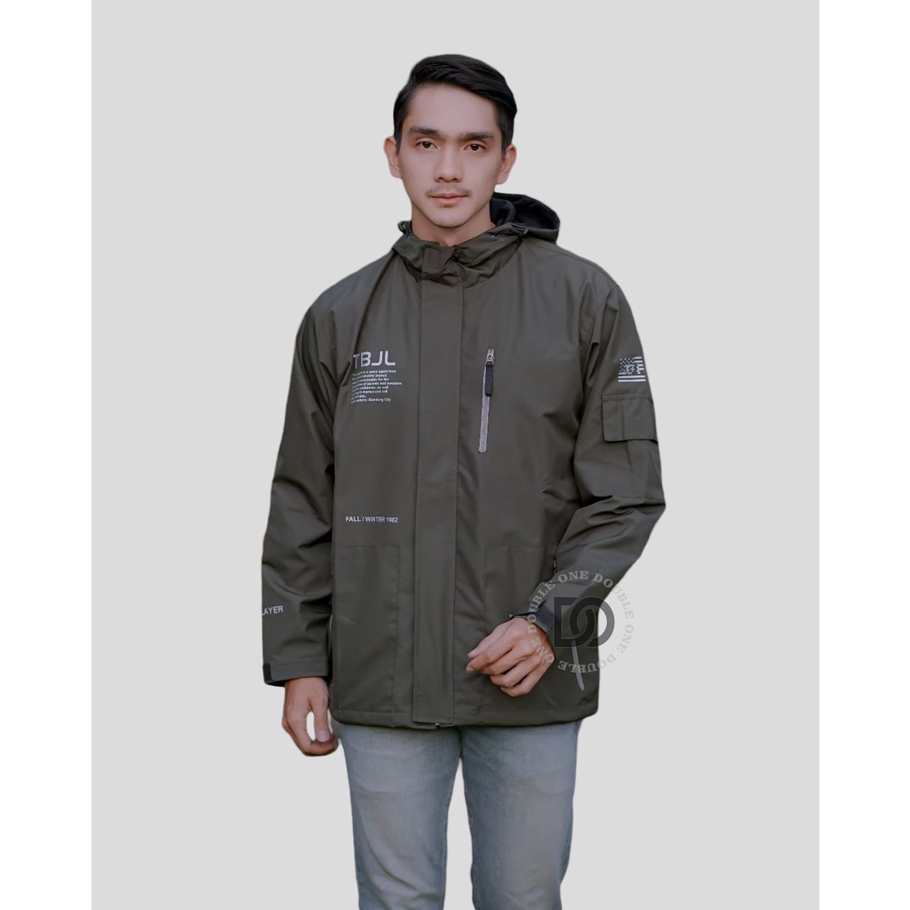 DOUBLE ONE - Jaket Pria Outdoor Taslan Original THE BOJIEL / Jaket Waterproof / Jaket Hoodie Parasut Pria / Jaket Hoodie Anti Air Hijau