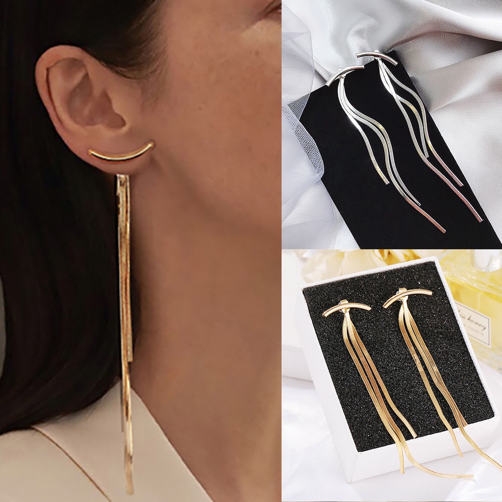 Hu Hu Hu Hu Hu Alat Bantu Pasang Kacamata♡ 1 Pasang Anting Tusuk Gantung Bahan Metal Desain Rumbai Panjang Untuk Wanita