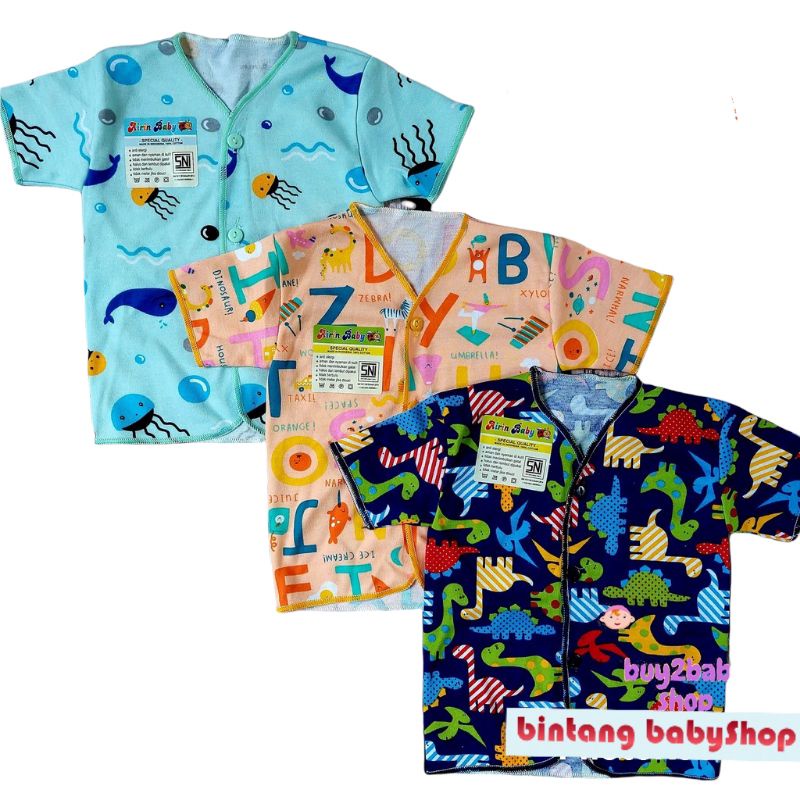 AIRIN 3 Pcs Baju Bayi Lengan Pendek Newborn Baru Lahir Kancing Depan Motif Print Warna