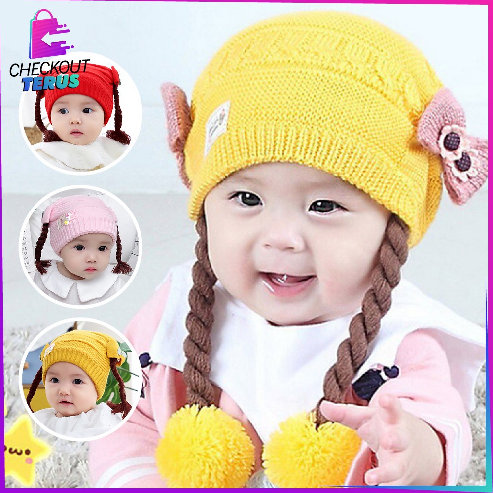 CT P19-21 Topi Anak Perempuan Rambut Kepang Topi Kupluk Bayi Rajut Imut Lucu Bunny Hat Baby Hat Wig Impor Lucu