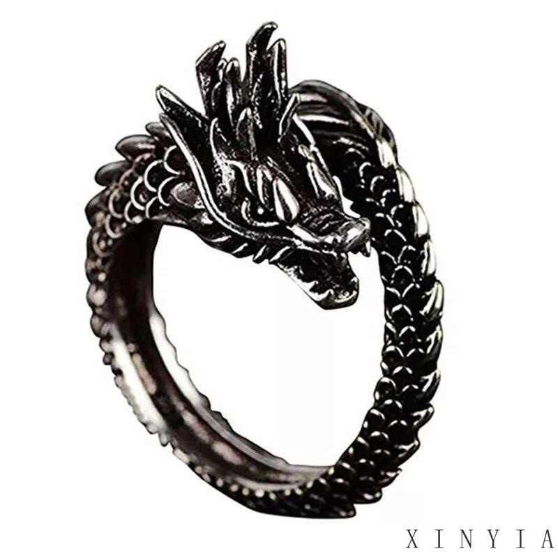 Cincin Desain Naga Bahan Alloy Imitasi Gaya China Retro Untuk Pria