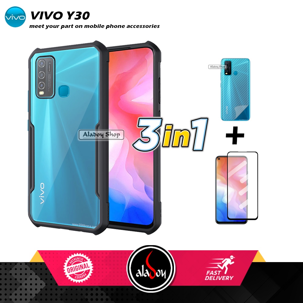 Case VIVO Y30 Armor Fushion Transparent Casing + Tempered Glass Full Layar dan Skin Carbon