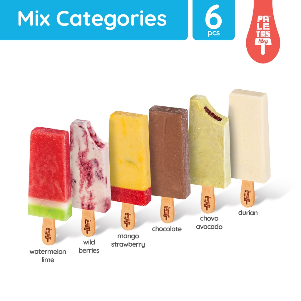 

Es Krim Paletas Wey Choco Avocado, Chocolate,Durian,Mango Strawberry,Watermelon Lime,Wild Berries