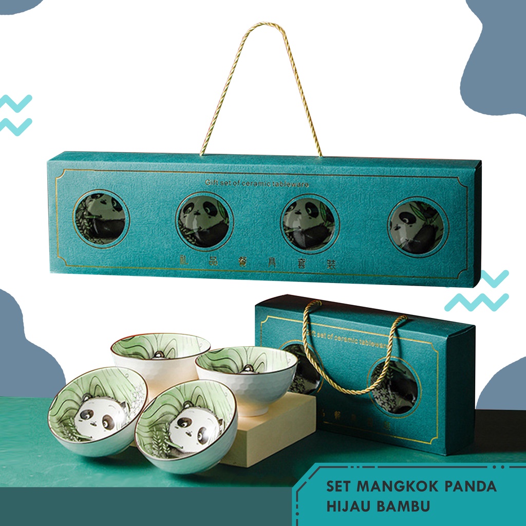 Set Mangkok Keramik Motif Panda / Set Panda HIjau Bambu / Set Mangkuk Panda Hijau