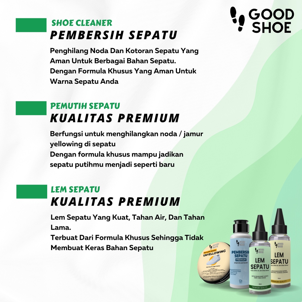 Good Shoe Solusi Ampuh Atas Masalah Sepatumu Unyellowing Whitening Pemutih Sepatu Lem Sepatu Kuning Hijau Shoe Cleaner Pembersih Sepatu Perekat Sepatu Pencuci Sepatu Kotor Noda Lumpur Kuning Coklat Mesh Karet Suede Kain Kanvas Canvas PVC Leather Nubuck