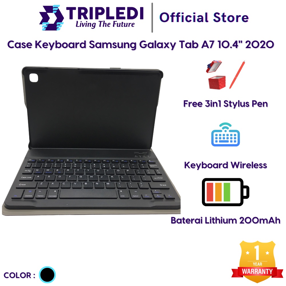 TRIPLEDI Case Keyboard Samsung Galaxy Tab A7 2020 SM-T500 SM-T505 10.4 inch Wireless Bluetooth Removable Magnetic Casing Leather Flip Stand Built-in Protektif Shockproof Folio Book Cover Sarung Pelindung Tablet Android-Hitam