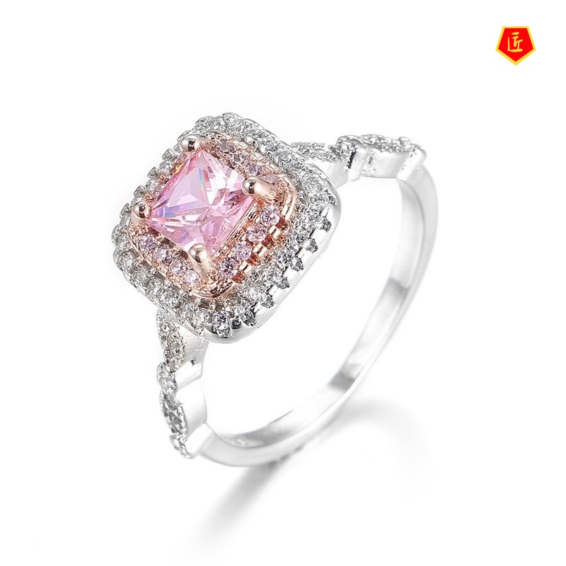 [Ready Stock]925 Silver Pink Micro-Inlaid Square Rhinestone Ring