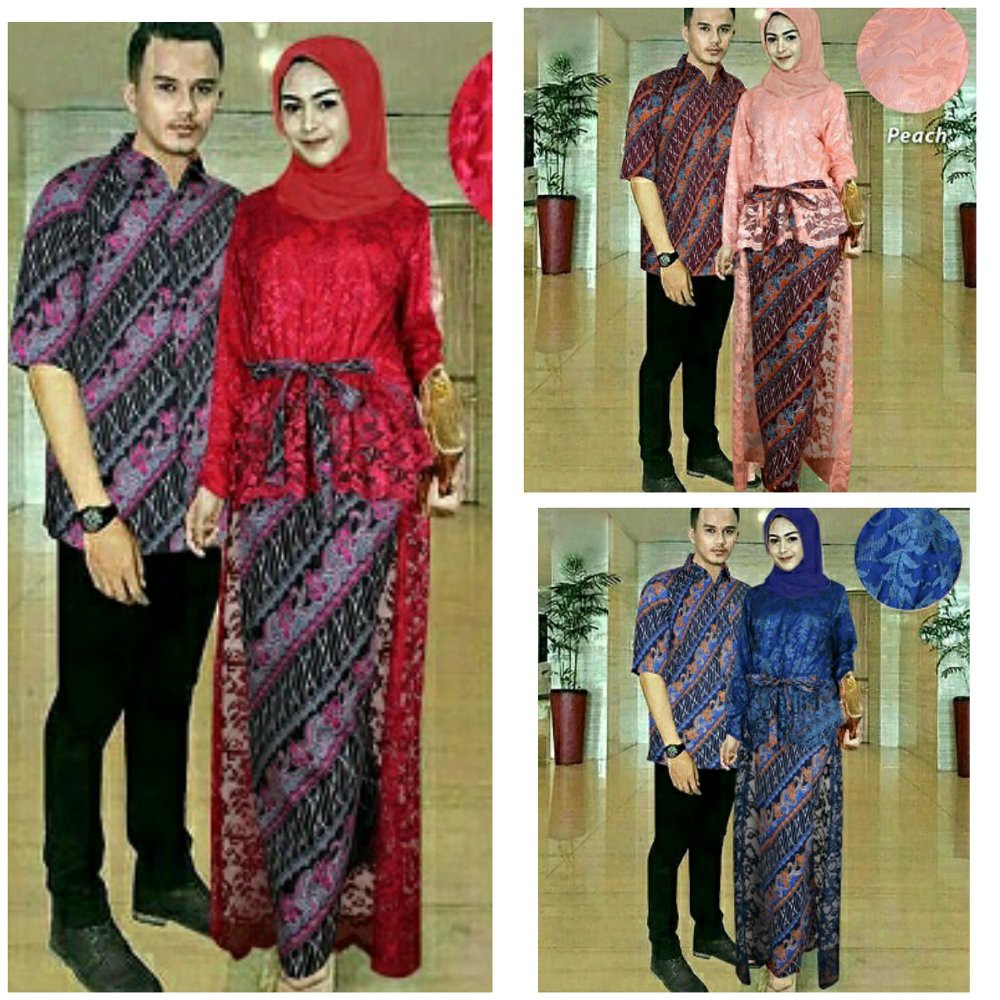 Jual SETELAN COUPLE KEBAYA MODERN BRUKAT MERAH PEACH DAN BIRU PLUS KEMEJA BATIK COWOK Diskon