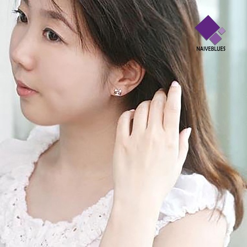 1 Pasang Anting Stud Desain Kucing Aksen Berlian Imitasi Gaya Korea Untuk Wanita