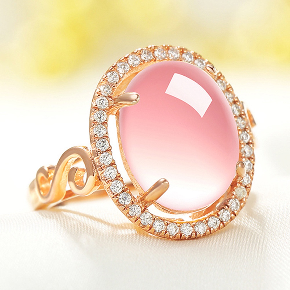 Hu Hu Hu Hu Hu Alat Bantu Pasang Kacamata♡ Perhiasan Cincin Jari Wanita Model Terbuka Bentuk Oval Hias Berlian Imitasi Warna Rose Quartz