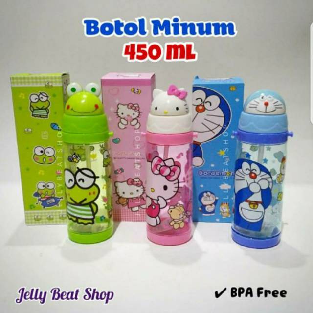 Botol minum 450ml karakter kepala doraemon keroppi mickey hello kitty